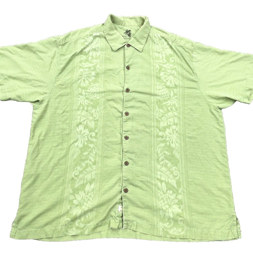 Tommy Bahama Shirt Men XL Green Silk Button‎ Up Hawaiian Palm Camp Hula Adult